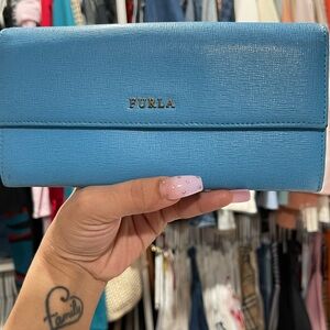 Furla Turquoise Saffiano Leather Continental Wallet with Gold Logo